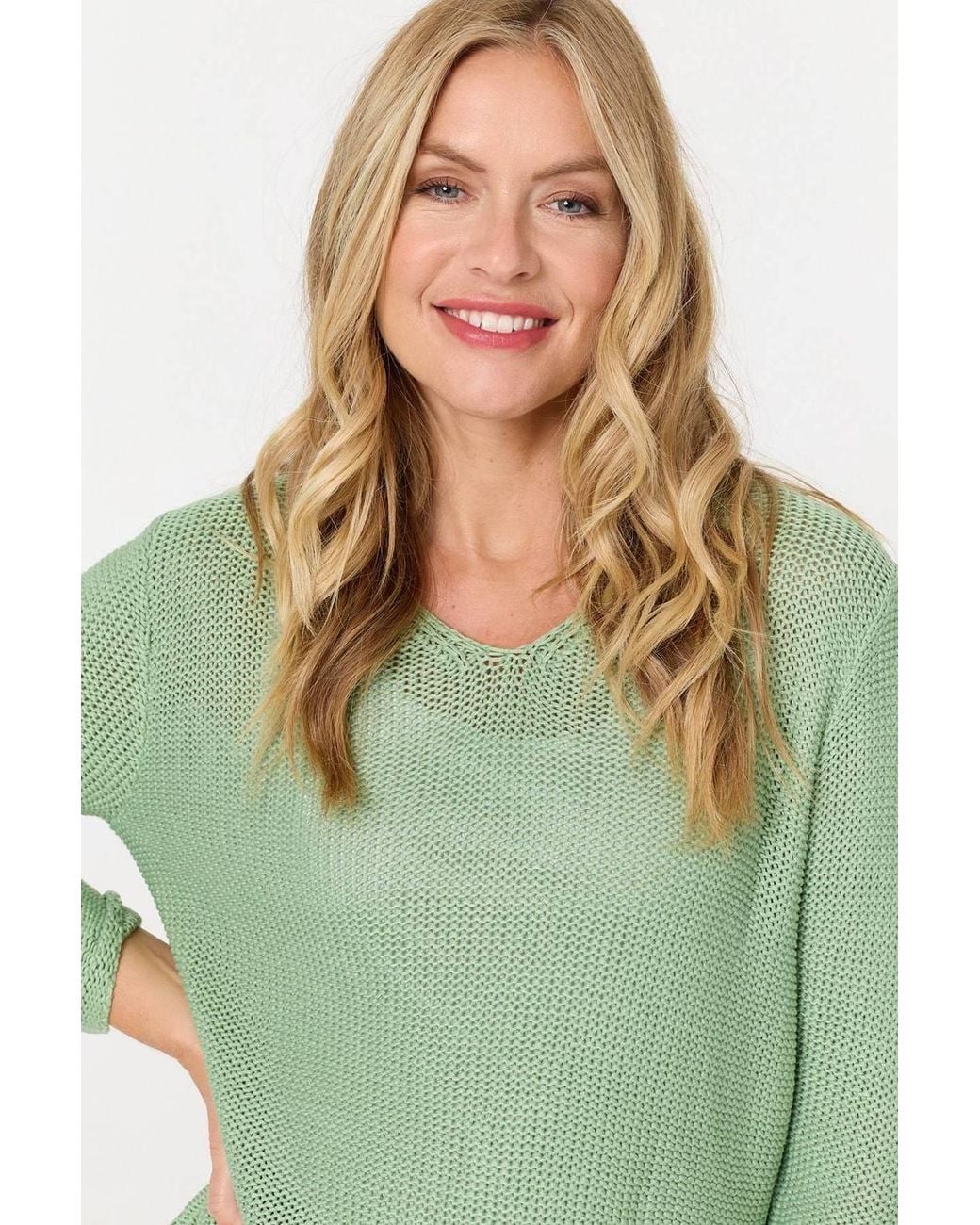 Izabel London Green Mesh Texture 3/4 Sleeve Relaxed Top