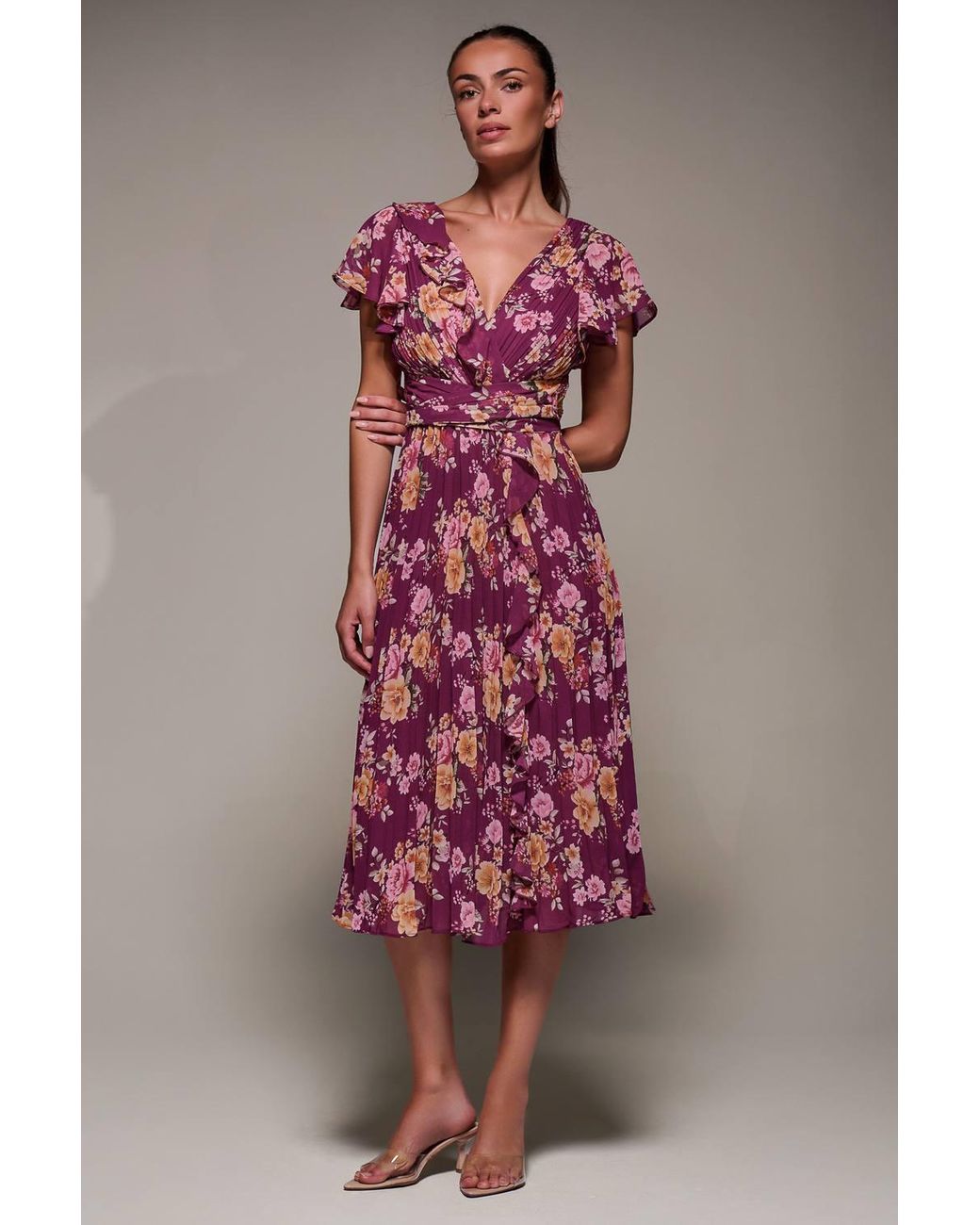 Jolie Moi Pink Printed Ruffle Detail Pleated Chiffon Midi Dress