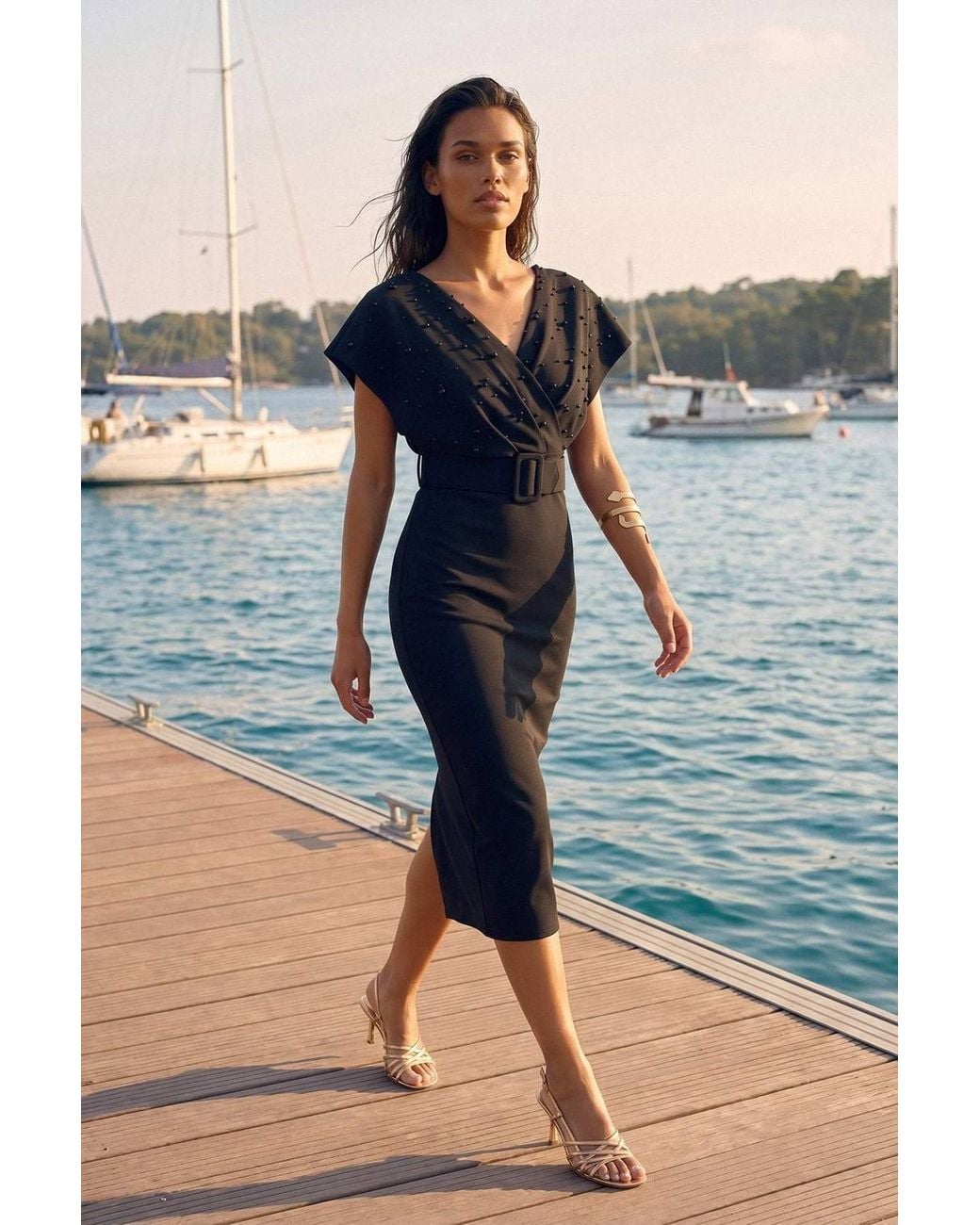 WOVCOR Blue Pearl Accessory Detail V-Neck Angel Sleeve Bodycon Belted Midi Dress