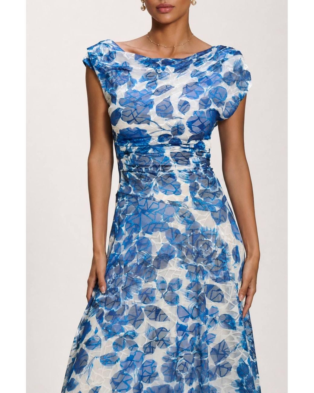 Jolie Moi Blue Asymmetric Draped Print Lace Maxi Dress