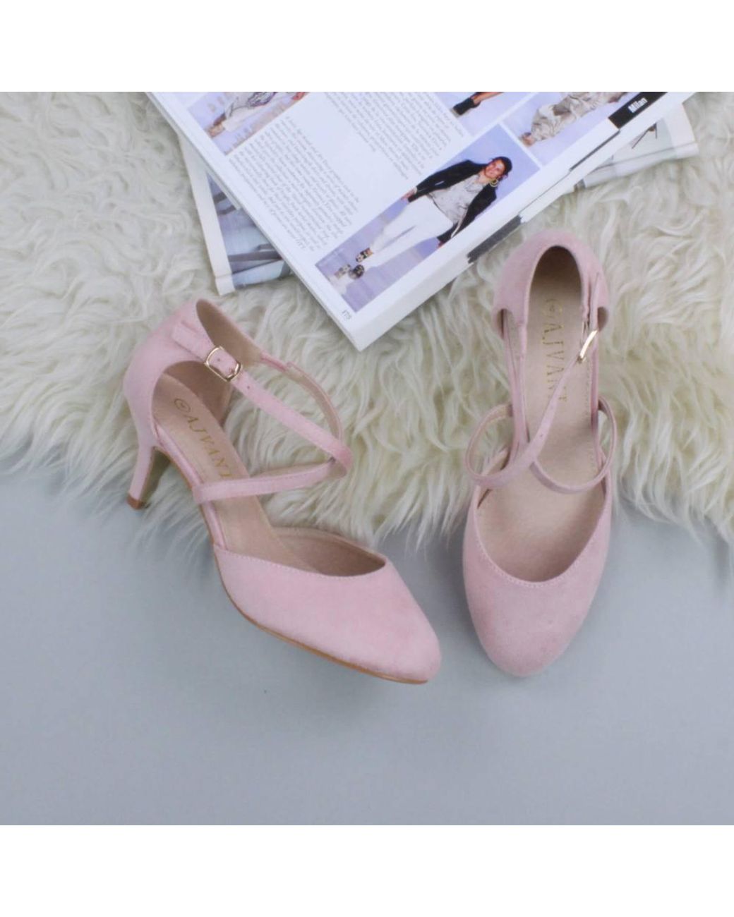 AJVANI Pink Mid Heel Crossed Straps Court Shoes