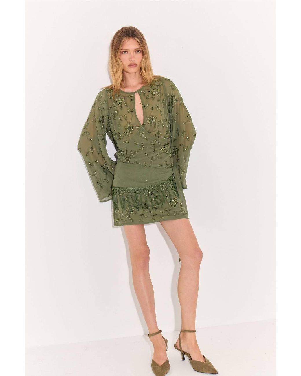 Warehouse Green Premium Embellished Tassle Detail Mini Dress