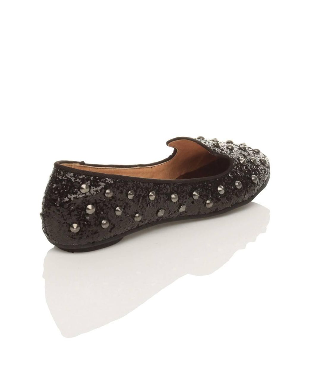 AJVANI Black Flat Heel Studded Glitter Loafers Ballet Pumps