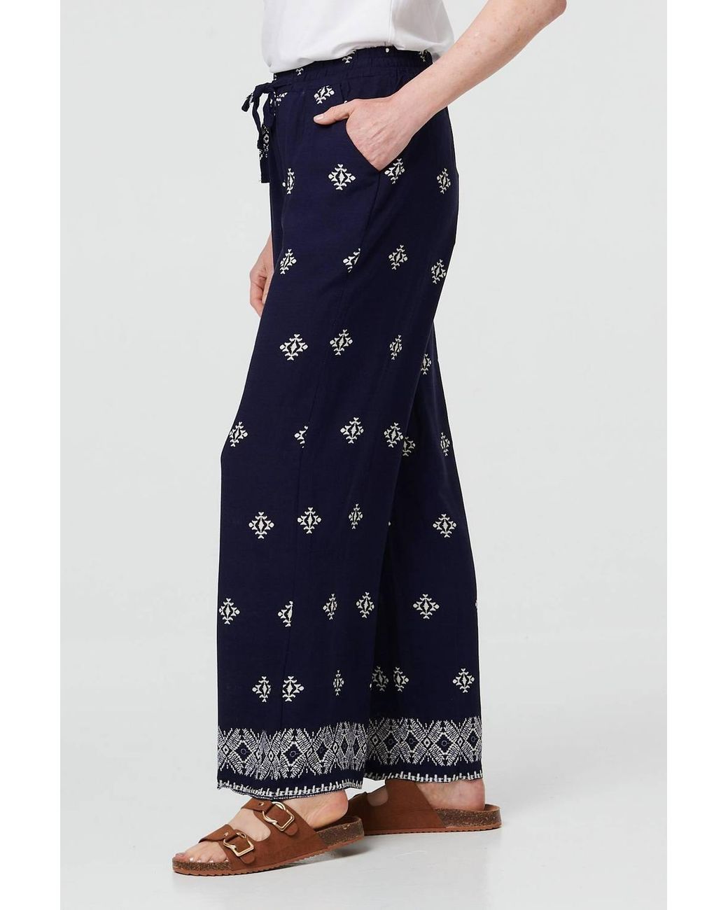 Izabel London Blue Printed High Waist Drawstring Trousers