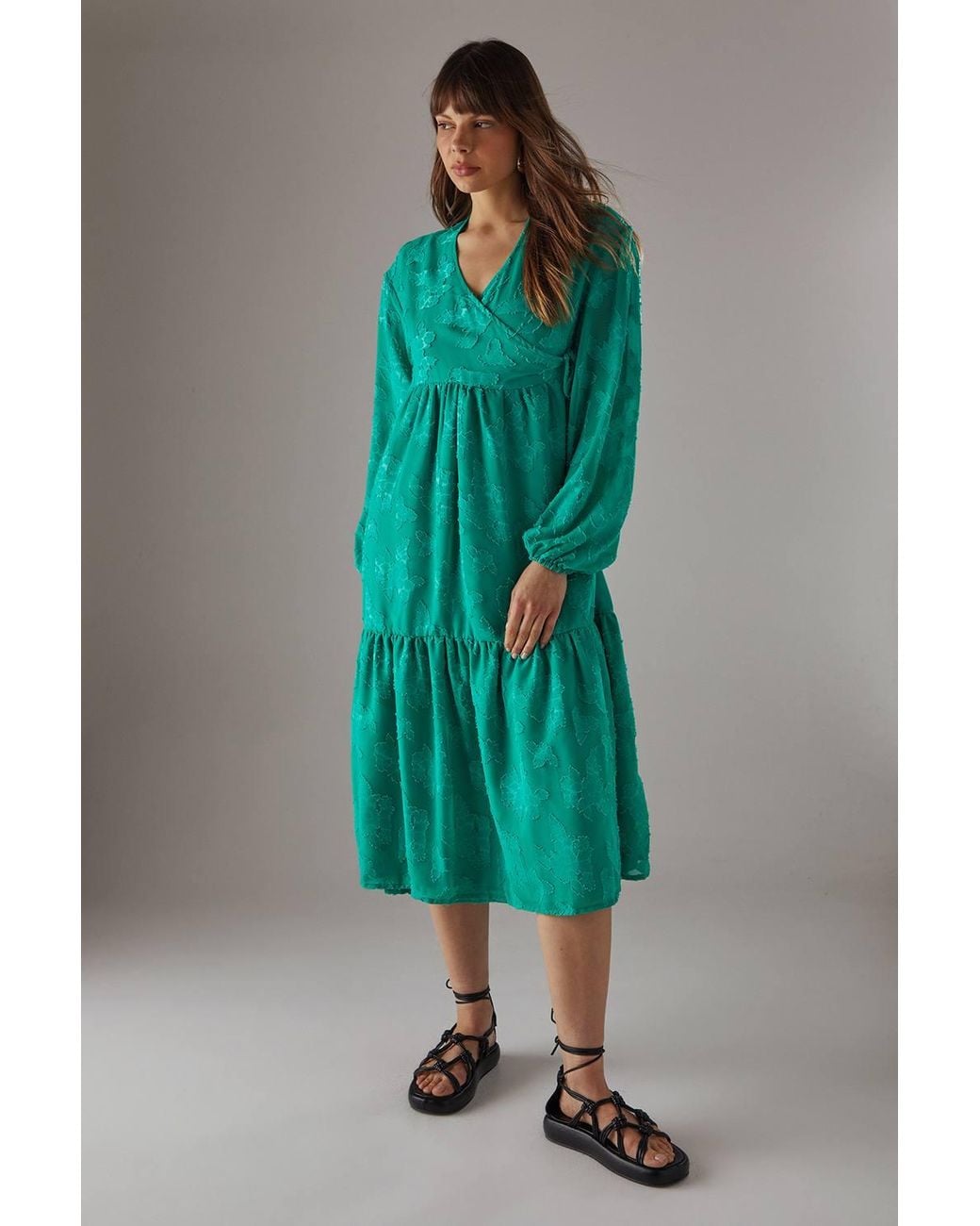 Warehouse Green Burnout Chiffon Wrap Smock Midi Dress