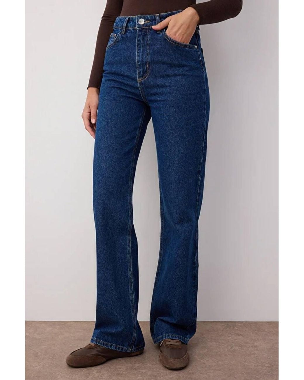 WOVCOR Blue High Waist Wide Leg Jeans W/ Pocket Details