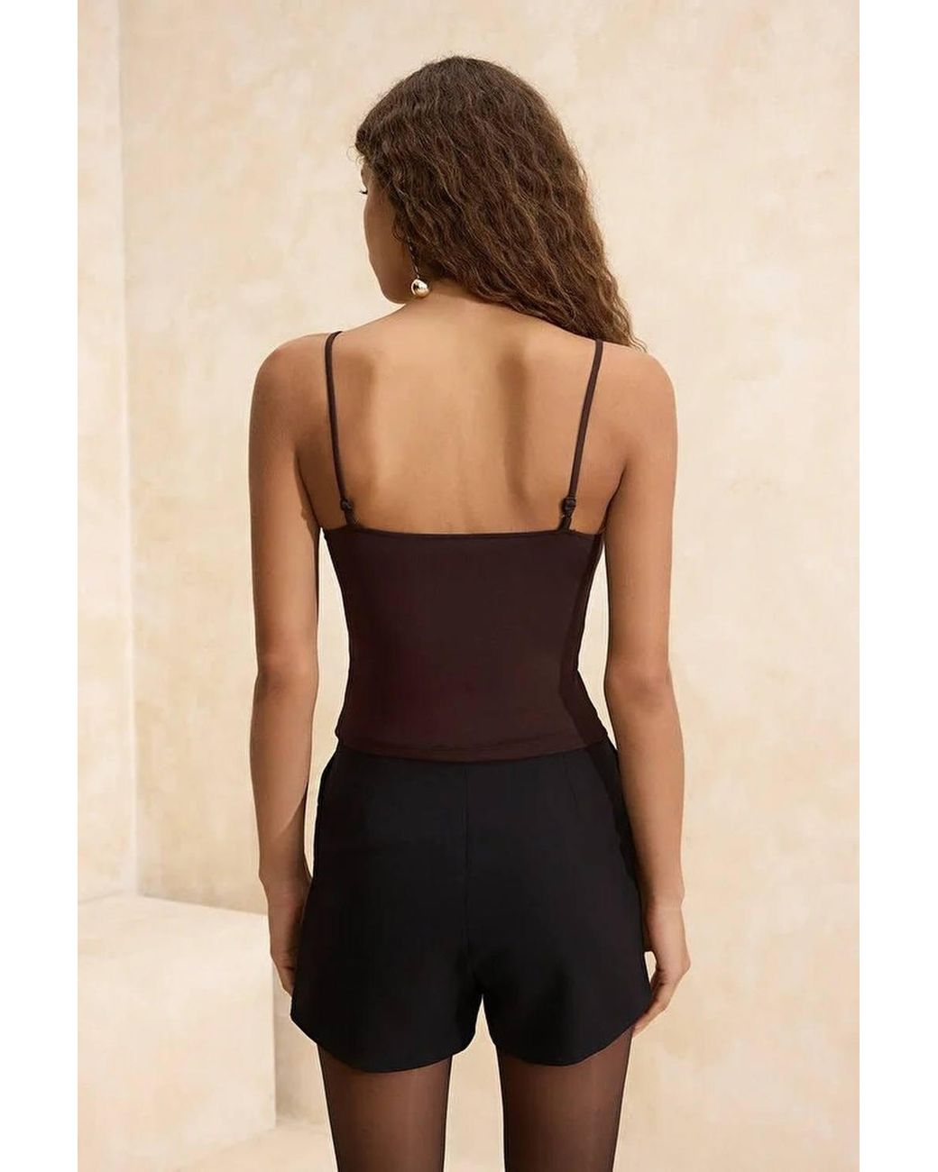 WOVCOR Black Lace Trim Stretch Fitted Cami Blouse W/ Bust Detail