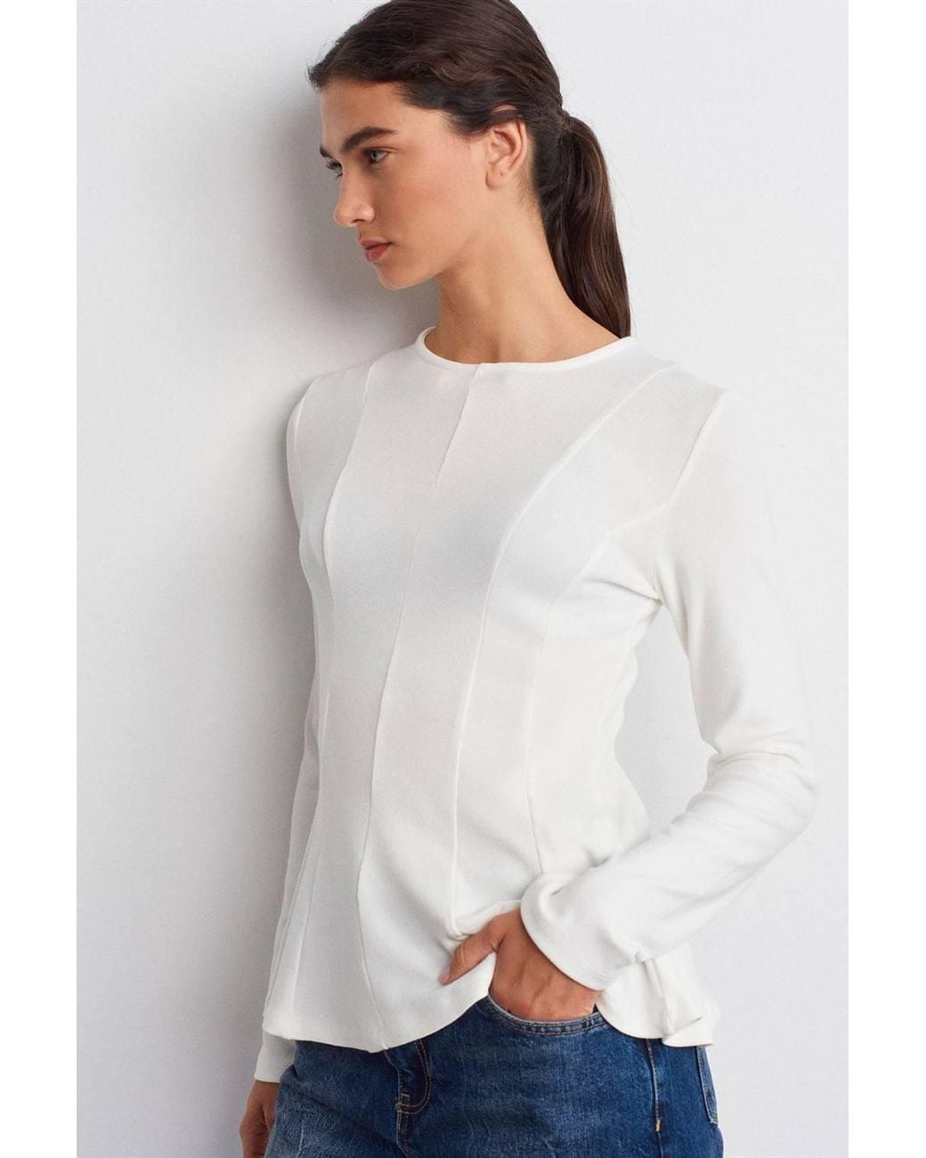 Dilvin Gray Fitted Textured Knit Peplum Blouse