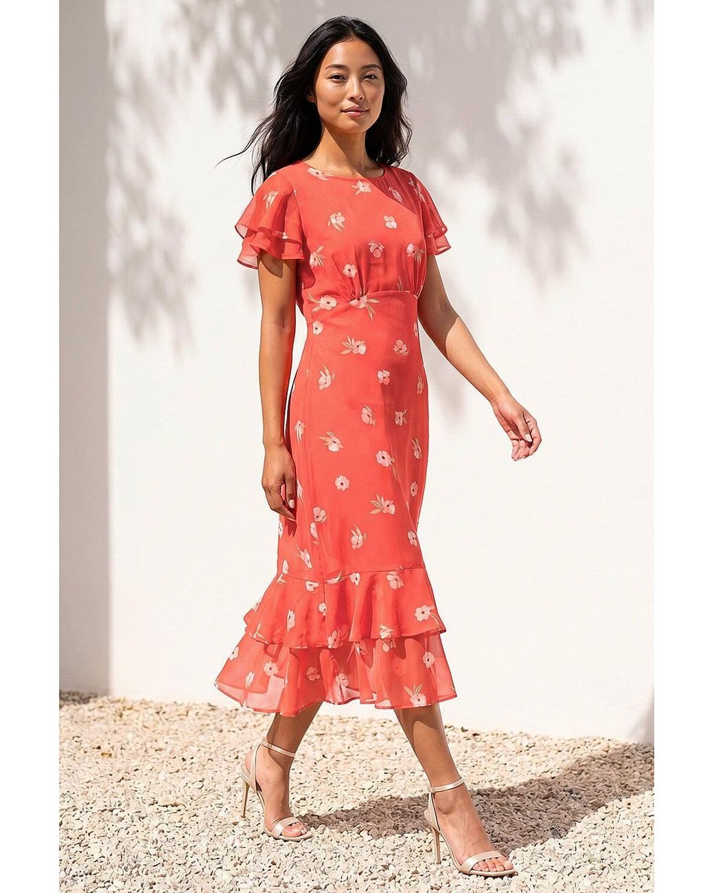 Roman Petite Floral Chiffon Frill Tiered Midi Dress