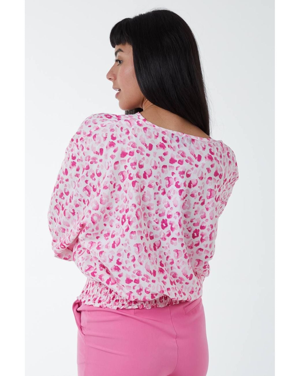Blue Vanilla Pink Elasticated Sleeve Wrap Front Elastic Hem Top