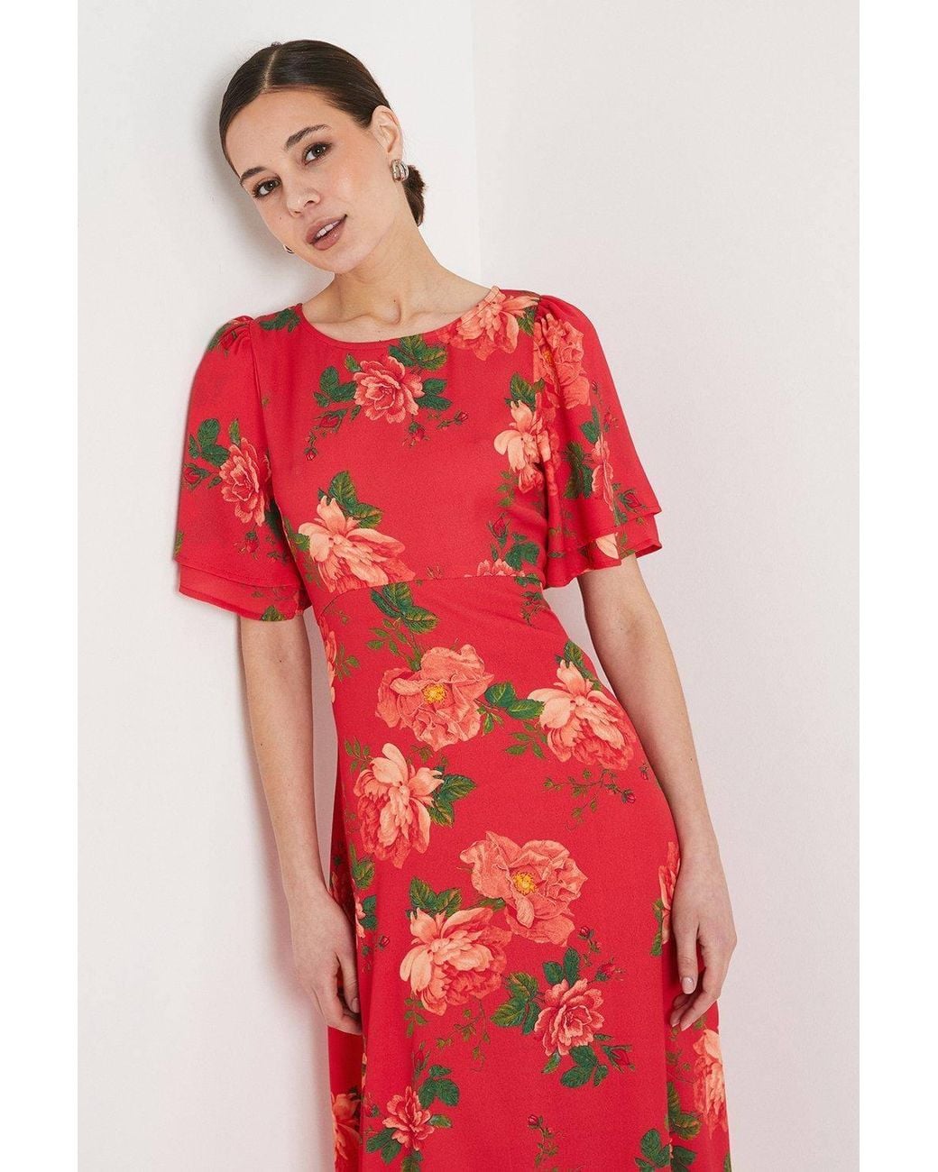 Dorothy Perkins Red Floral Tie Back Flutter Sleeve Midi Dress