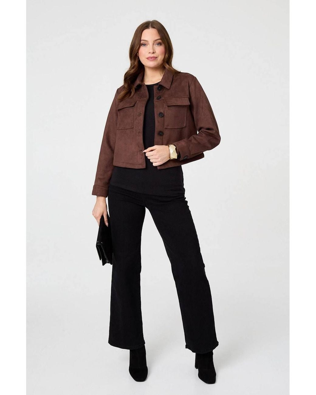 Izabel London Brown Faux Suede Cropped Boxy Jacket