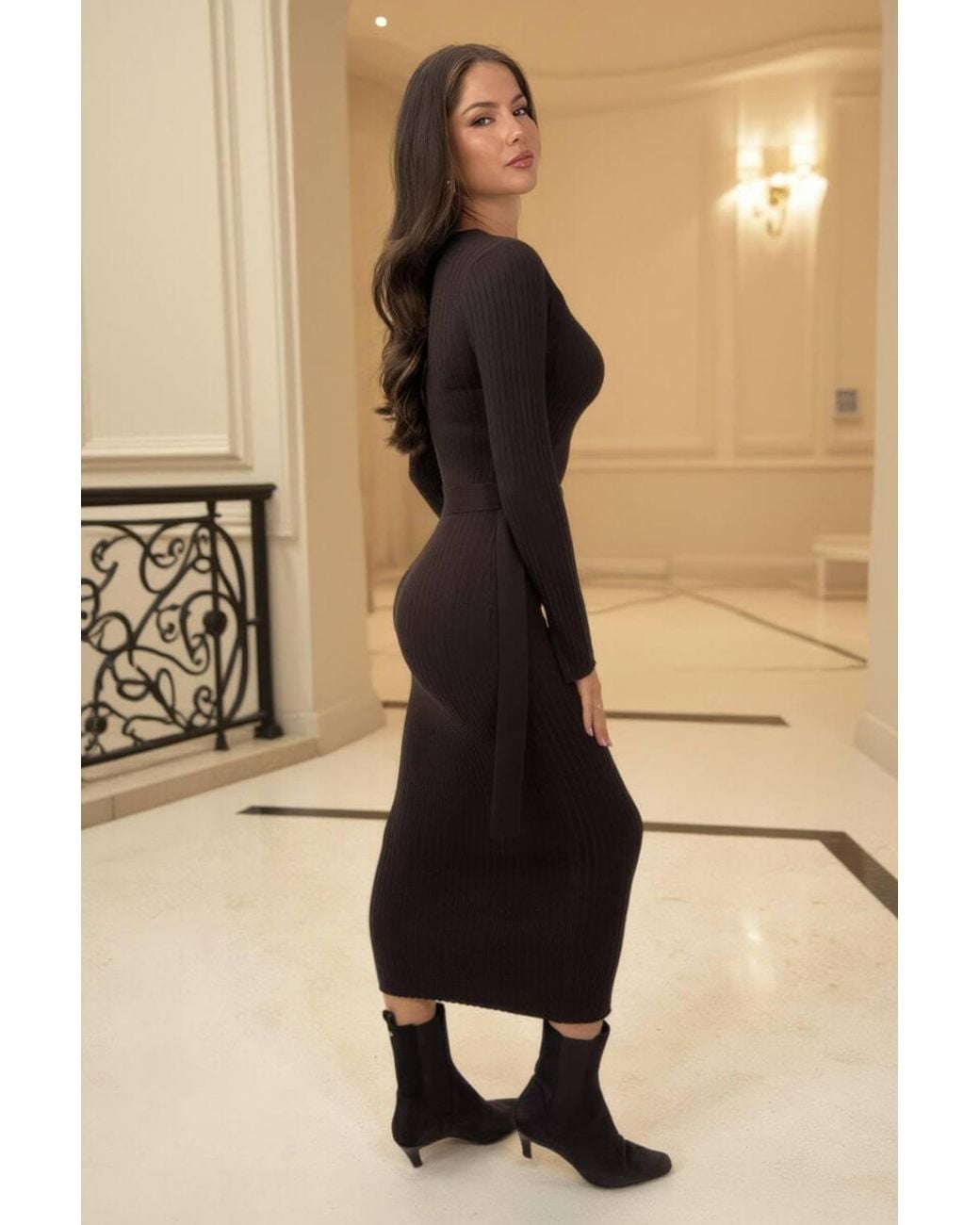 AX Paris Natural Rib Knit Buckle Detail Midi Dress