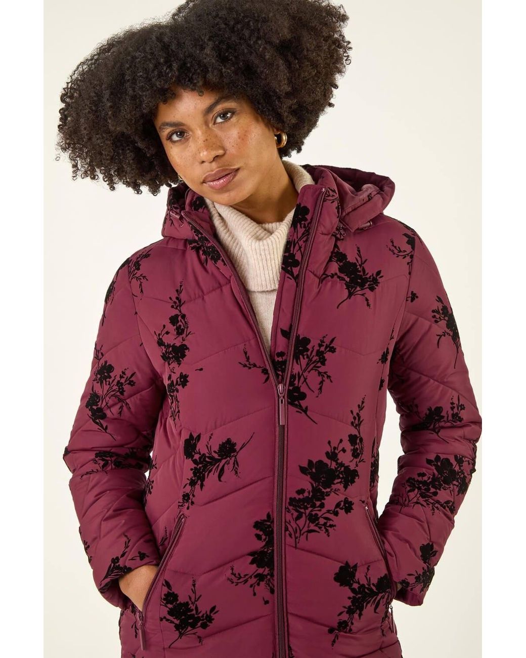 Roman Red Floral Flock Padded Coat