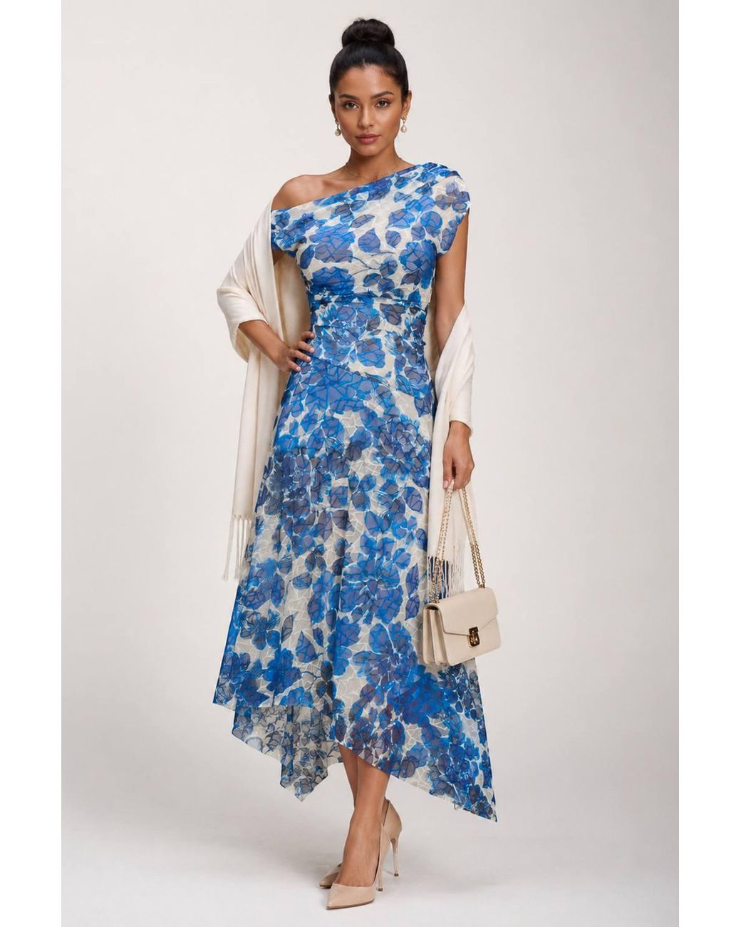 Jolie Moi Blue Asymmetric Draped Print Lace Maxi Dress