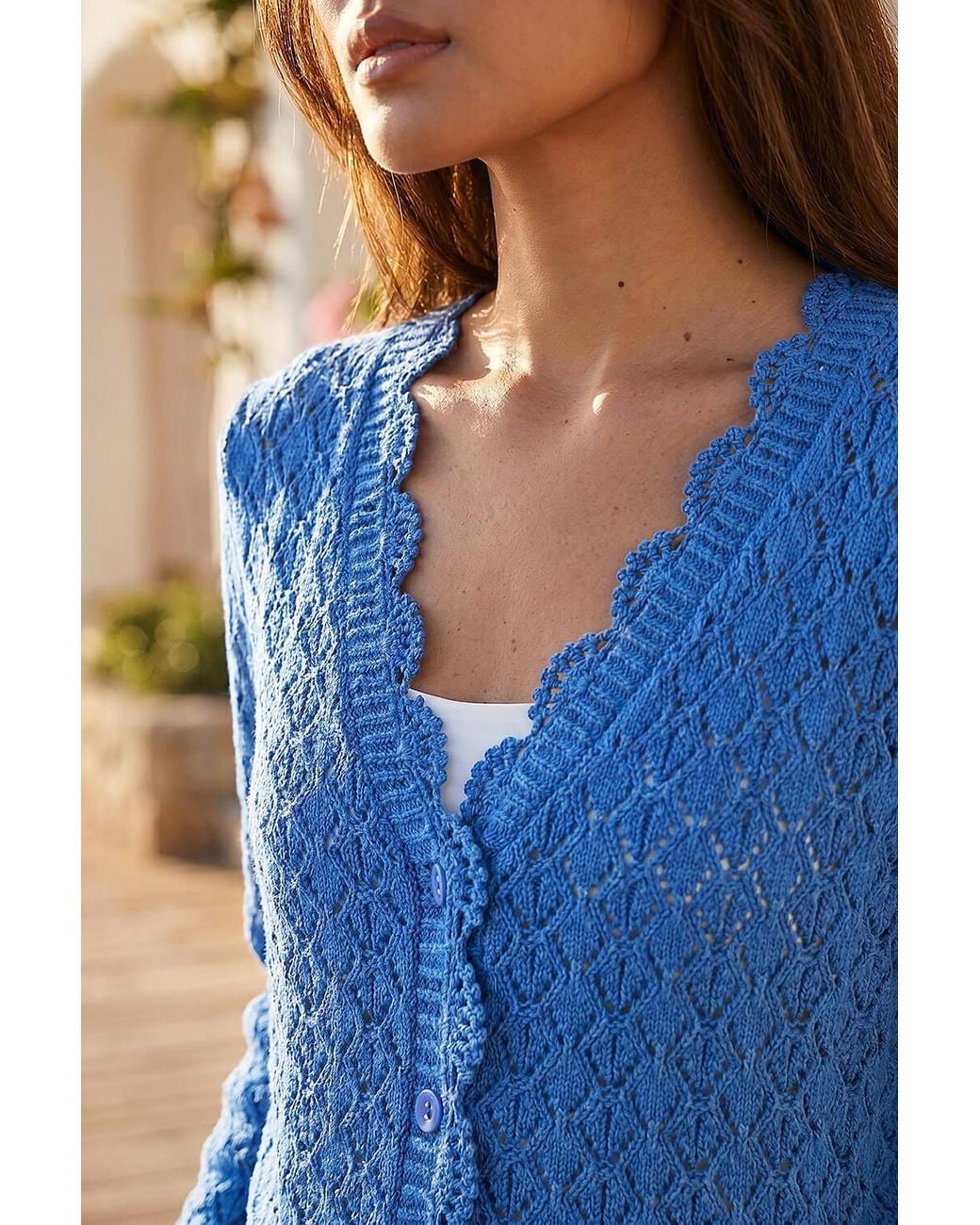 Roman Blue Pointelle Button Knit Cardigan