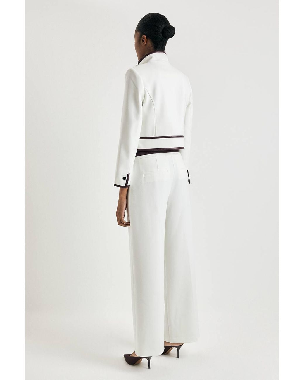 Karen Millen White Compact Stretch & Pu Turn Lock Detail Wide Leg Tailored Trouser