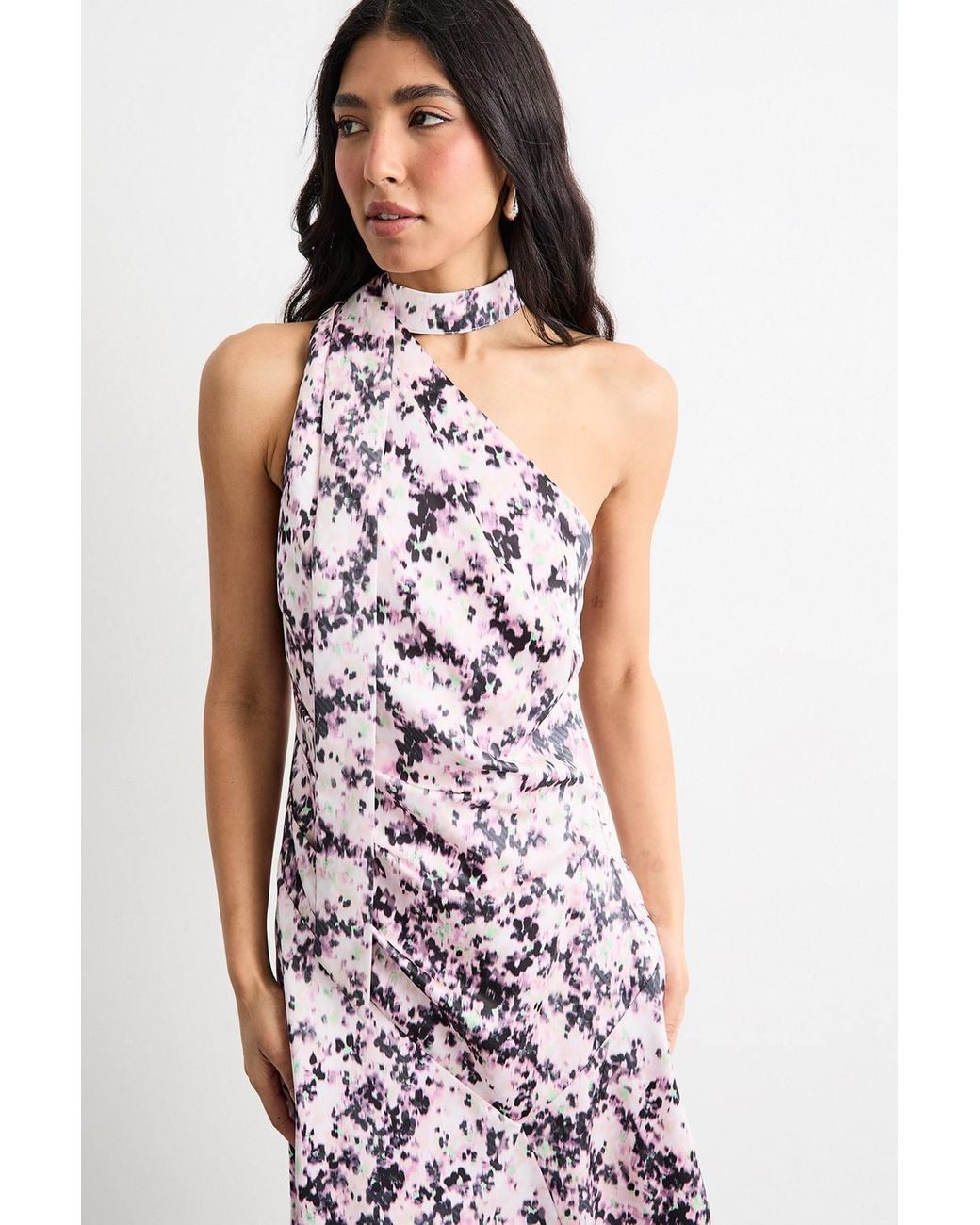 Warehouse Multicolor Printed Scarf Tie Asymmetric Satin Maxi Dress