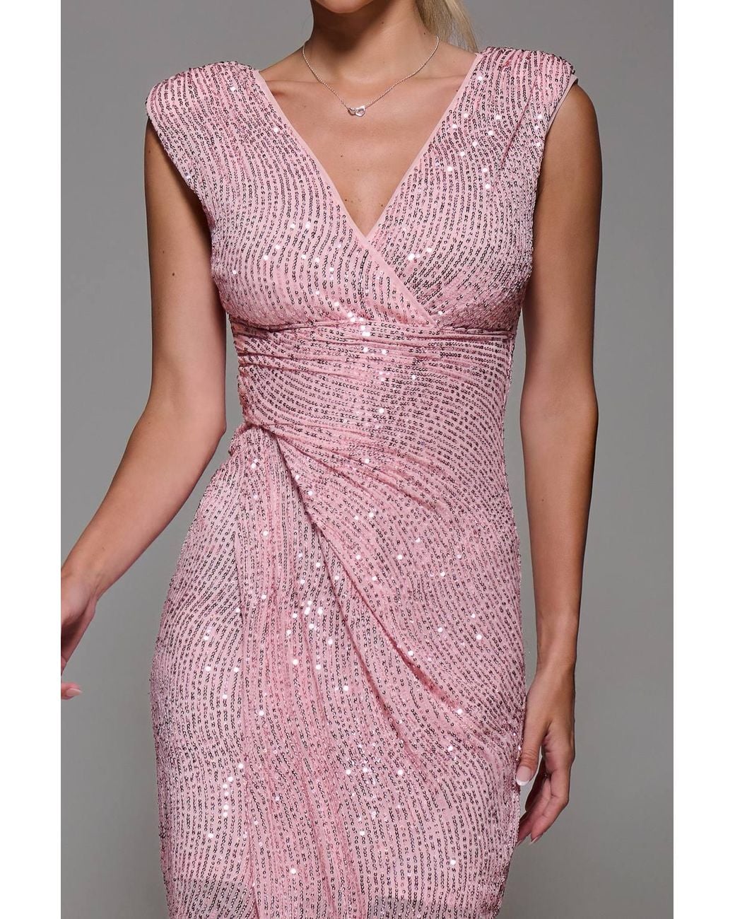 Jolie Moi Gray Sequin V Neck Ruched Wrap Bodycon Dress