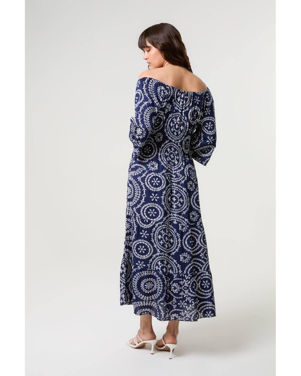 Blue Vanilla Blue Shirred Waist Three Quarter Sleeve Bardot Maxi Dress