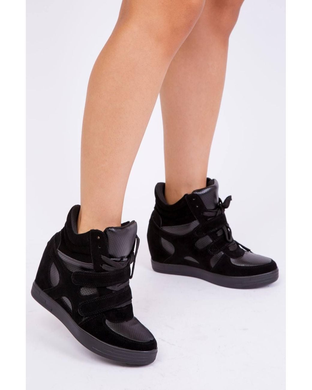 Where's That From Black 'Hitop' Wedge Trainers W/ A Front Lace Up