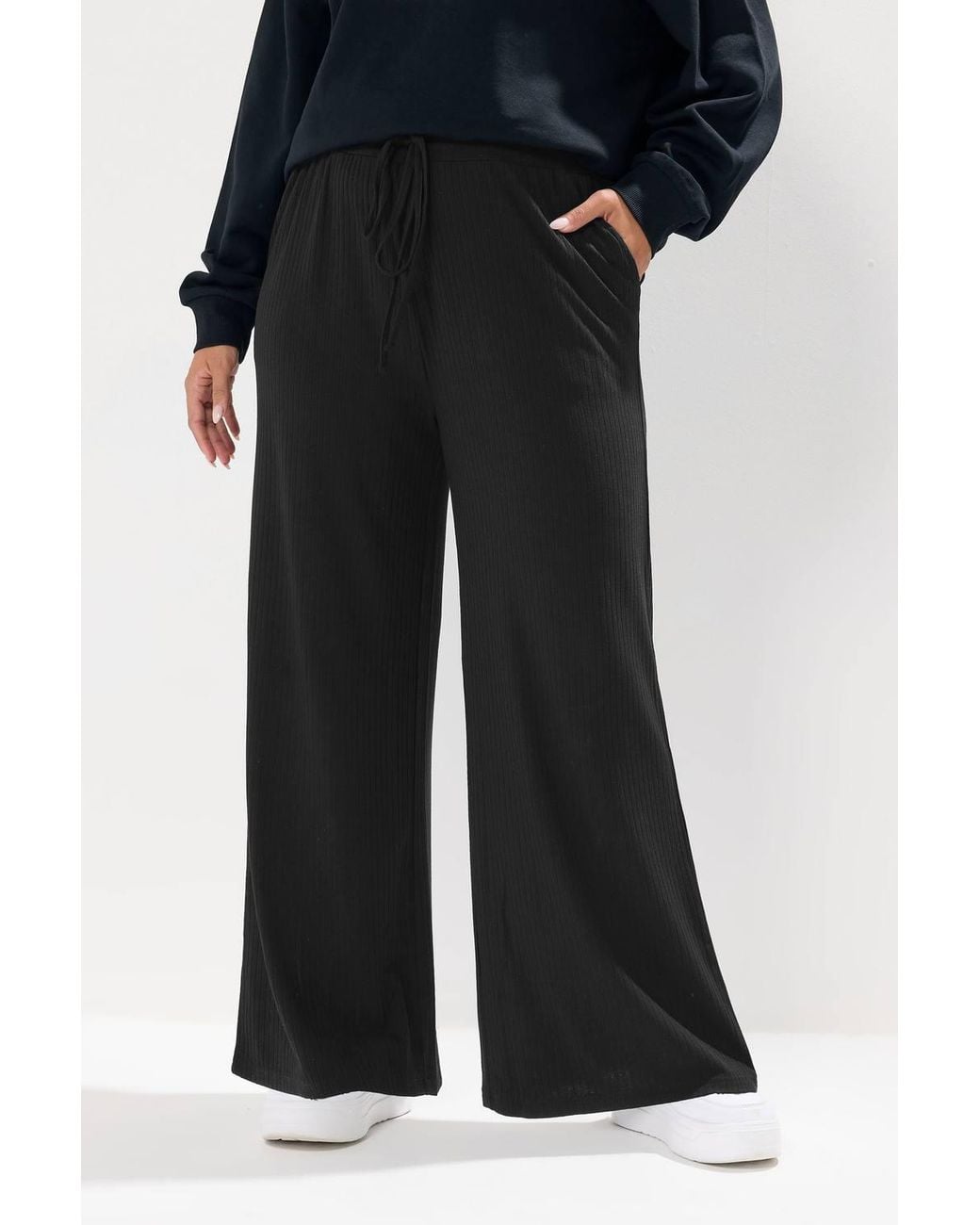 Yours Black Ribbed Wide Leg Trousers