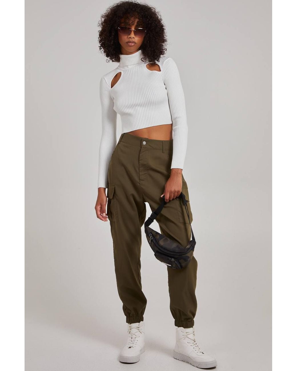 Pink Vanilla White Ribbed Roll Neck Jumper W/ Cut Out Detail