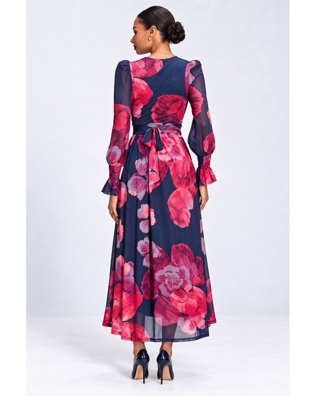 Jolie Moi Red Long Sleeve V Neck Mesh Maxi Dress