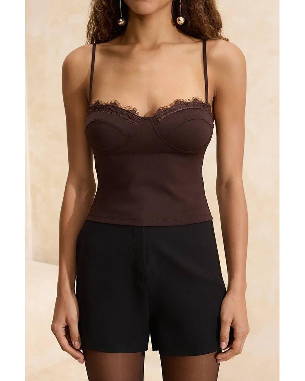 WOVCOR Black Lace Trim Stretch Fitted Cami Blouse W/ Bust Detail