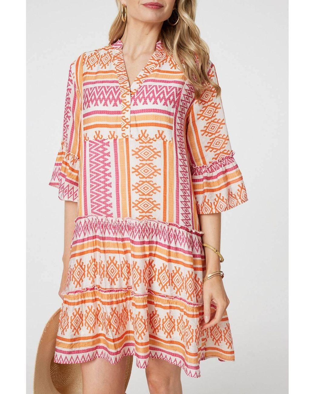 Izabel London Pink Aztec Print V-Neck 3/4 Sleeve Short Dress