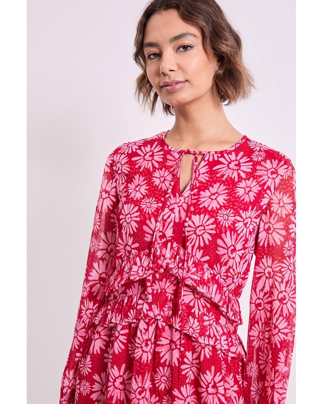 Dorothy Perkins Pink Daisy Tie Neck Frill Detail Trapeze Printed Midi Dress