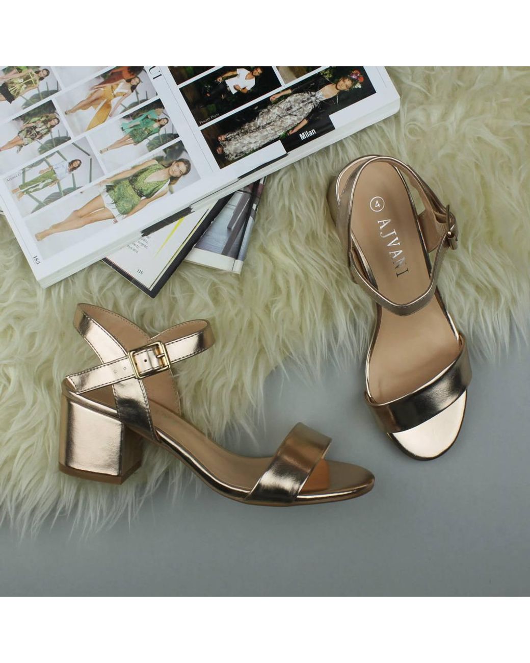 AJVANI Metallic Mid Block Heel Strappy Sandals