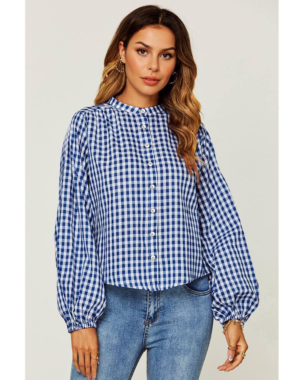 FS Collection Blue Gingham Balloon Sleeve Blouse With Shell Buttons