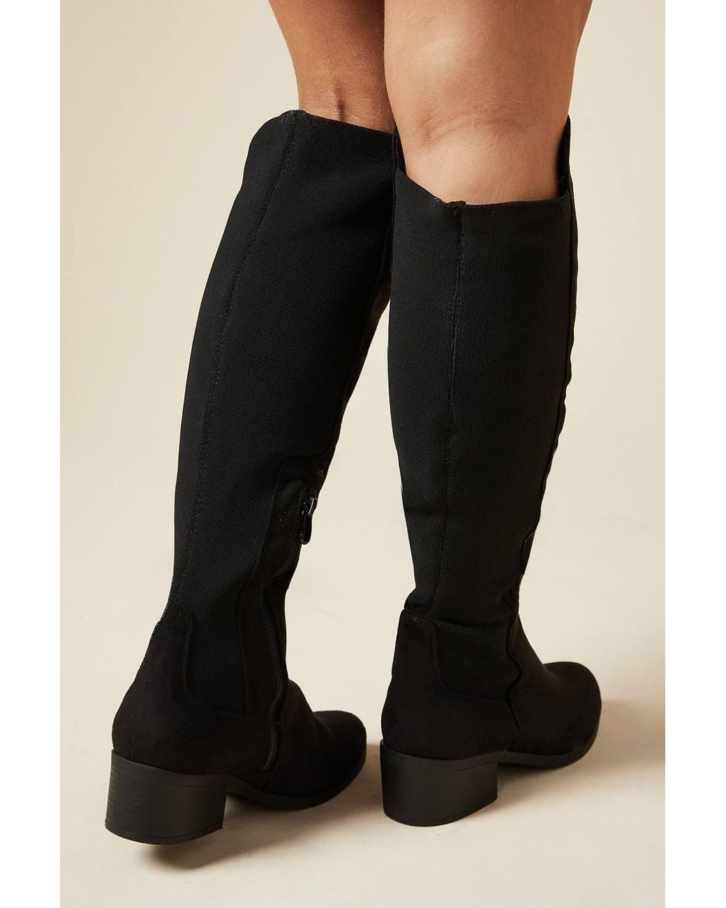 Wallis Black Wide Fit Hannah Stretch Back Almond Toe Low Heel Knee Boots