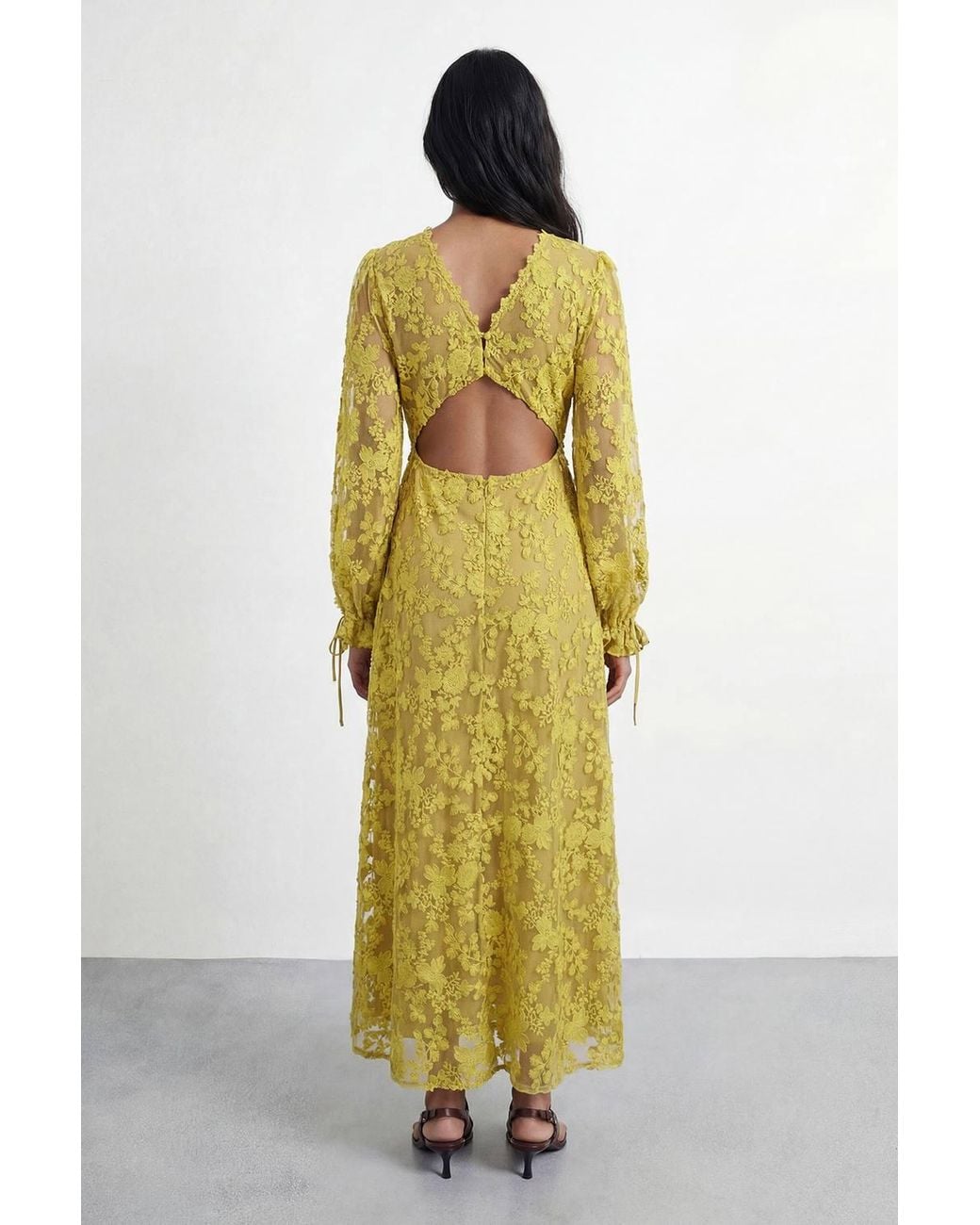 Warehouse Yellow Embroidered Organza Open Back Detail Maxi Dress