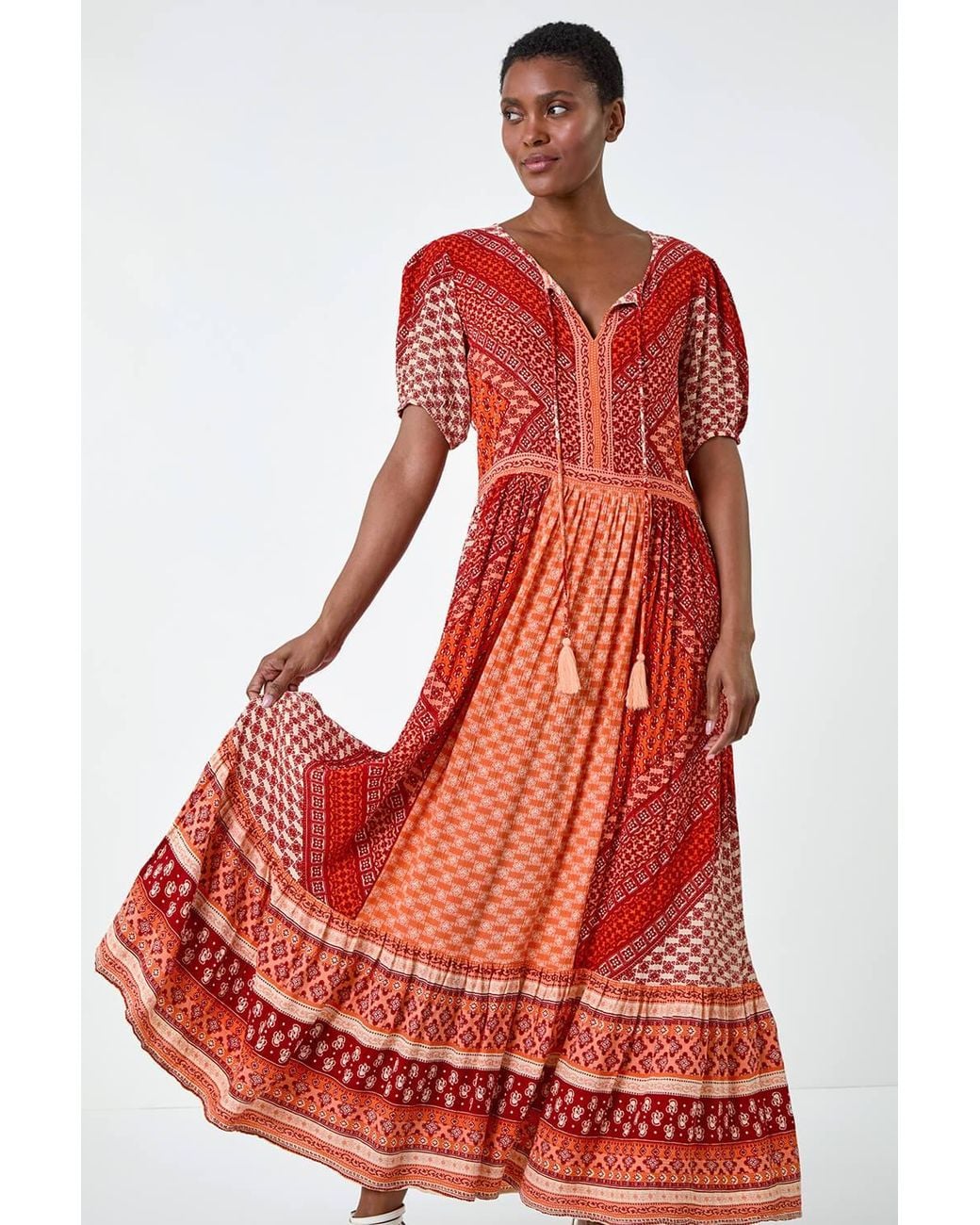 Roman Red Stripe Border Print Crinkle Maxi Dress