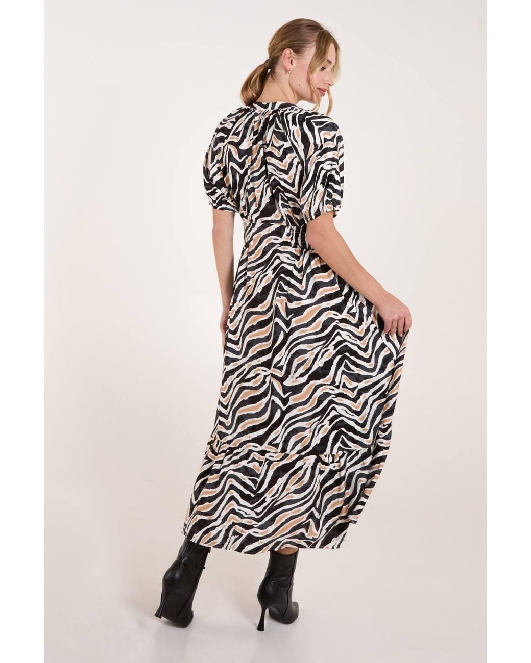 Blue Vanilla Natural Shirred Waist Button Front Puff Sleeve Midi Dress