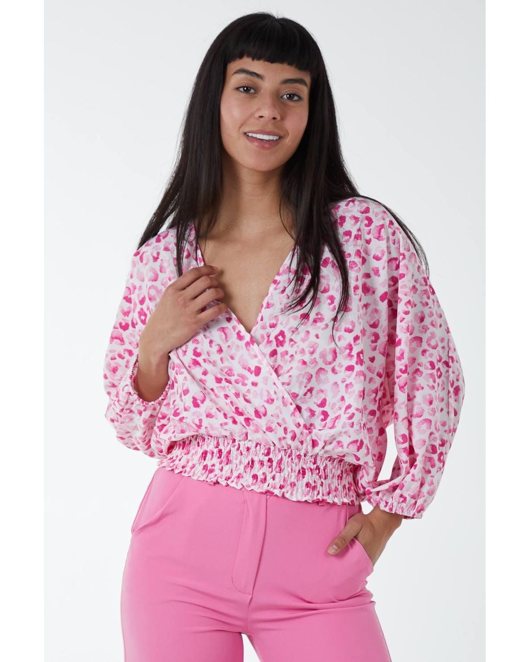 Blue Vanilla Pink Elasticated Sleeve Wrap Front Elastic Hem Top