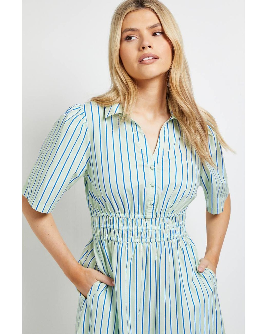 Dorothy Perkins Blue Collar Shirred Waist Detail Printed Poplin Midi Dress