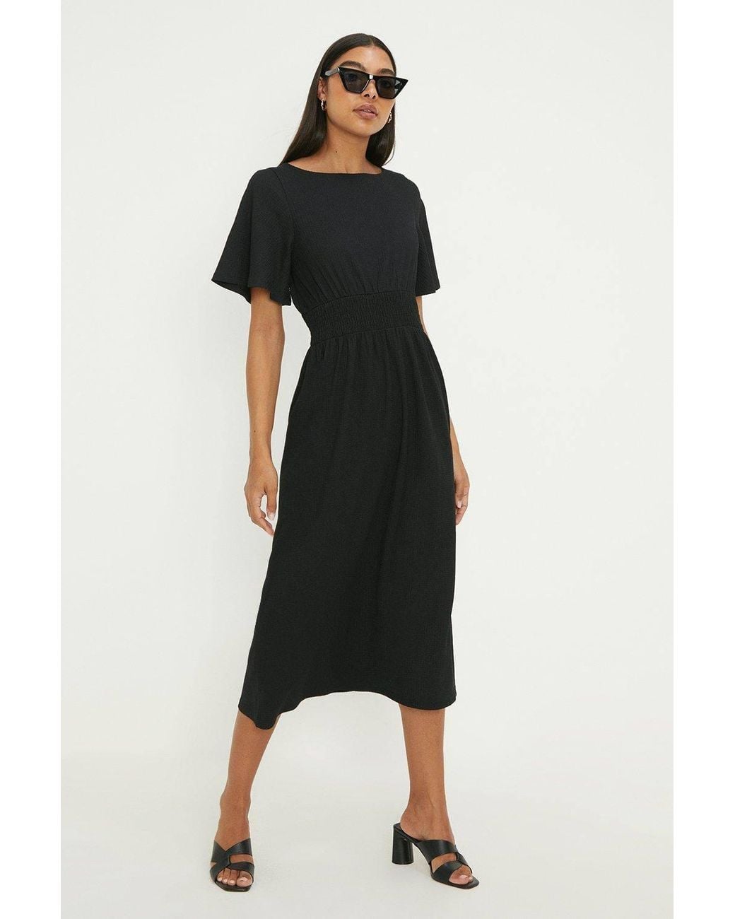 Dorothy Perkins Black Shirred Waist Short Sleeve Midi Dress
