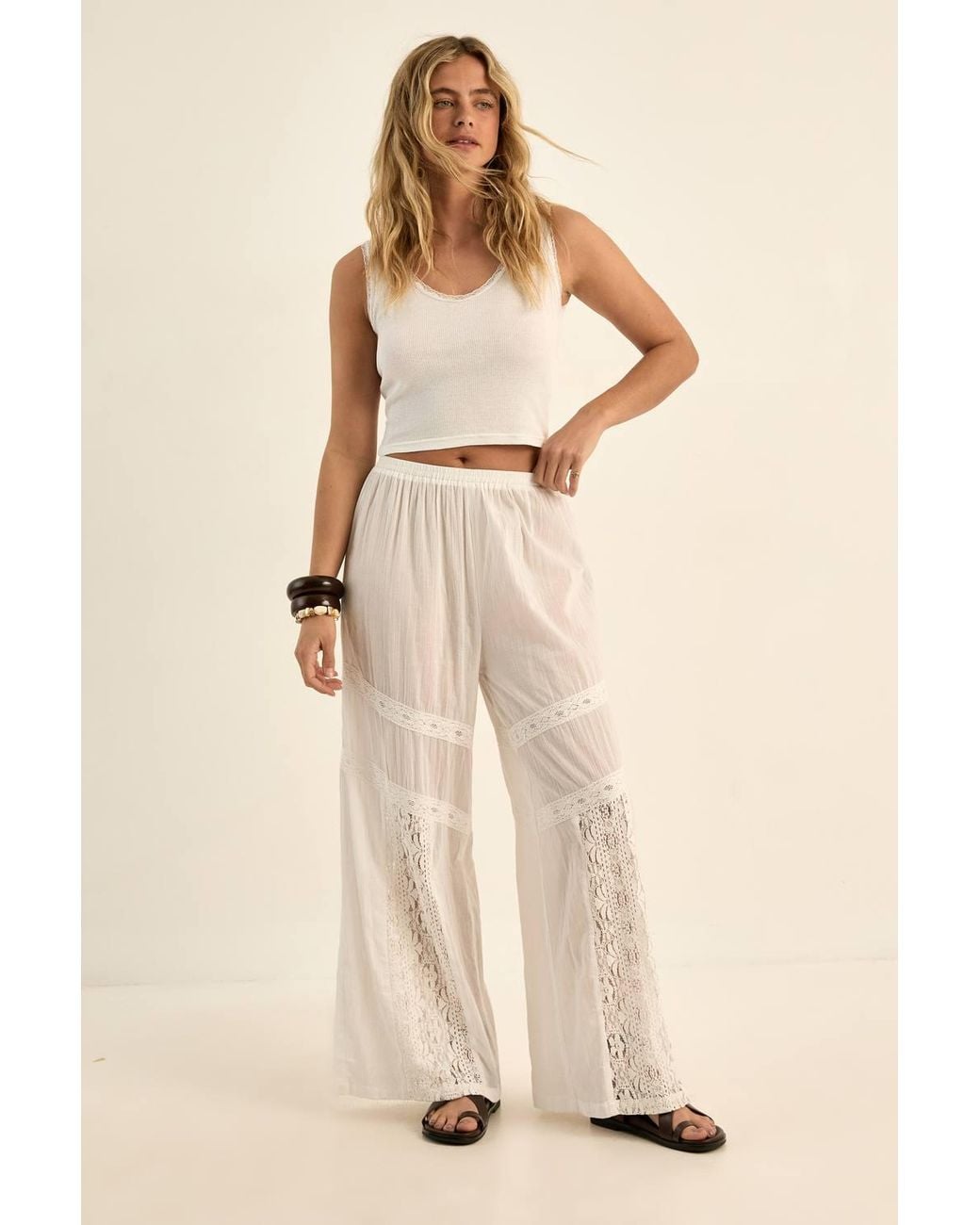 Nasty Gal Natural Cotton Lace Insert Beach Trousers