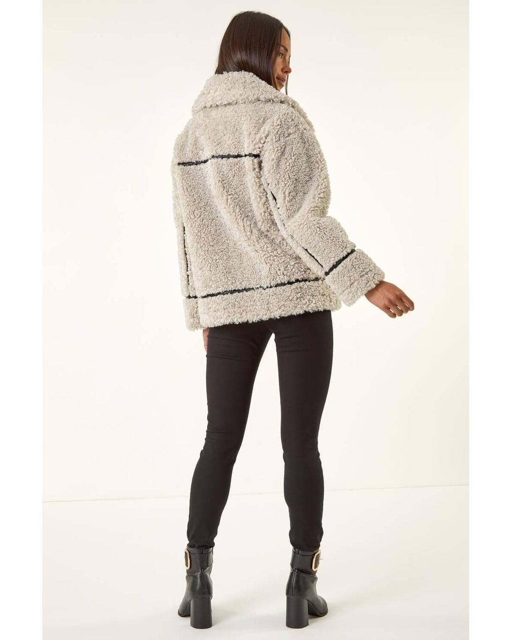 Roman Natural Petite Borg Contrast Aviator Coat