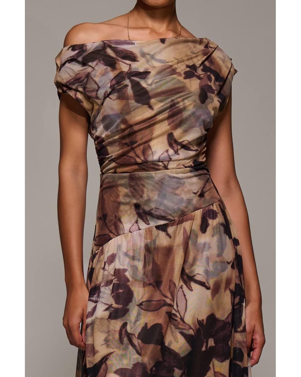 Jolie Moi Brown Asymmetric Draped Mesh Maxi Dress