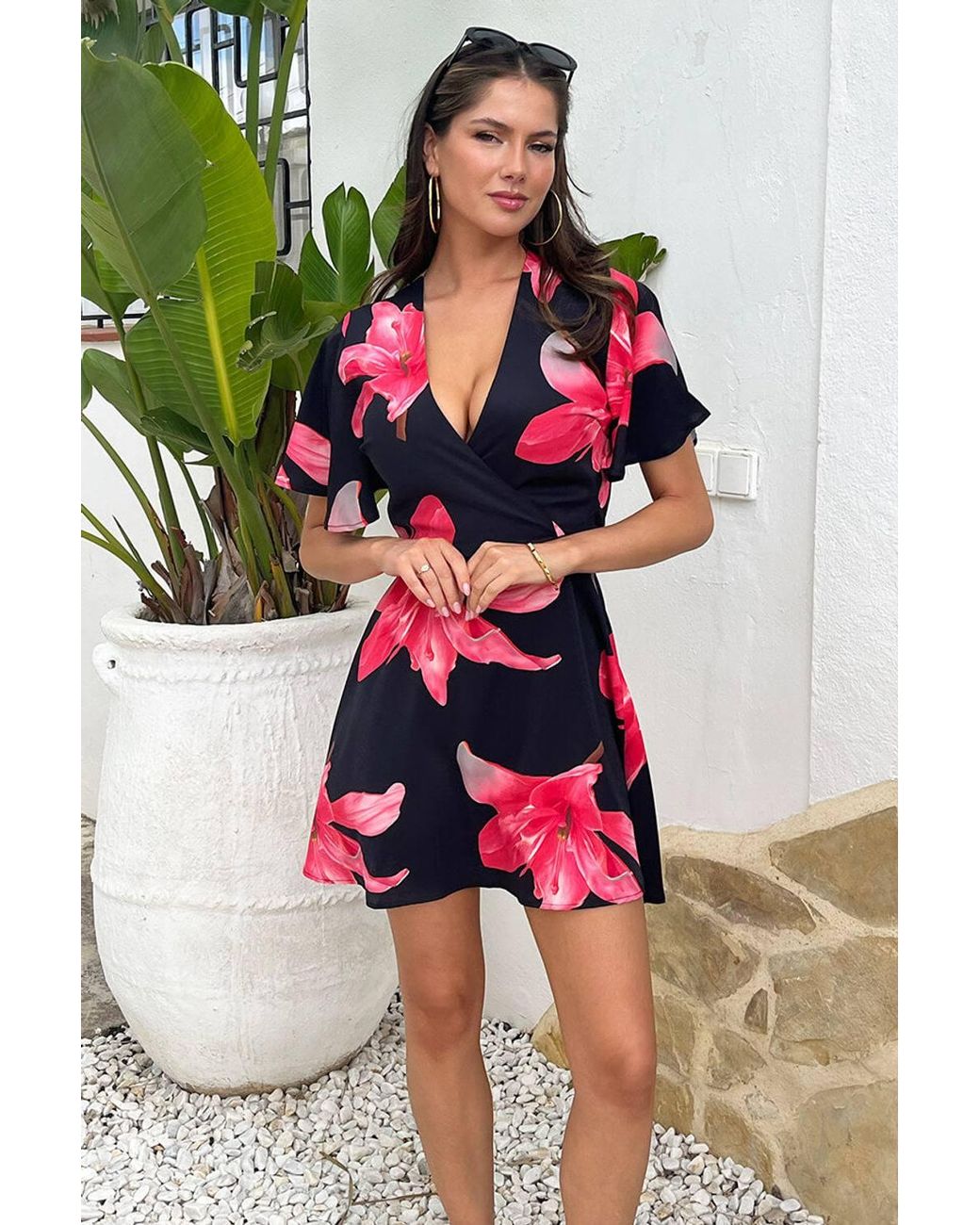 AX Paris Black Cerise Floral Print Wrap Top Skater Mini Dress