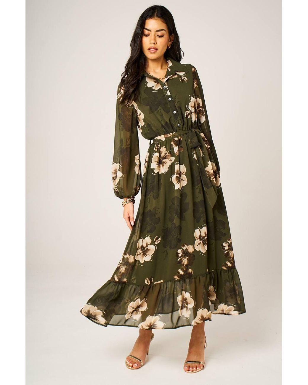 FS Collection Green Floral Print Hem Detail Long Sleeve Shirt Midi Dress