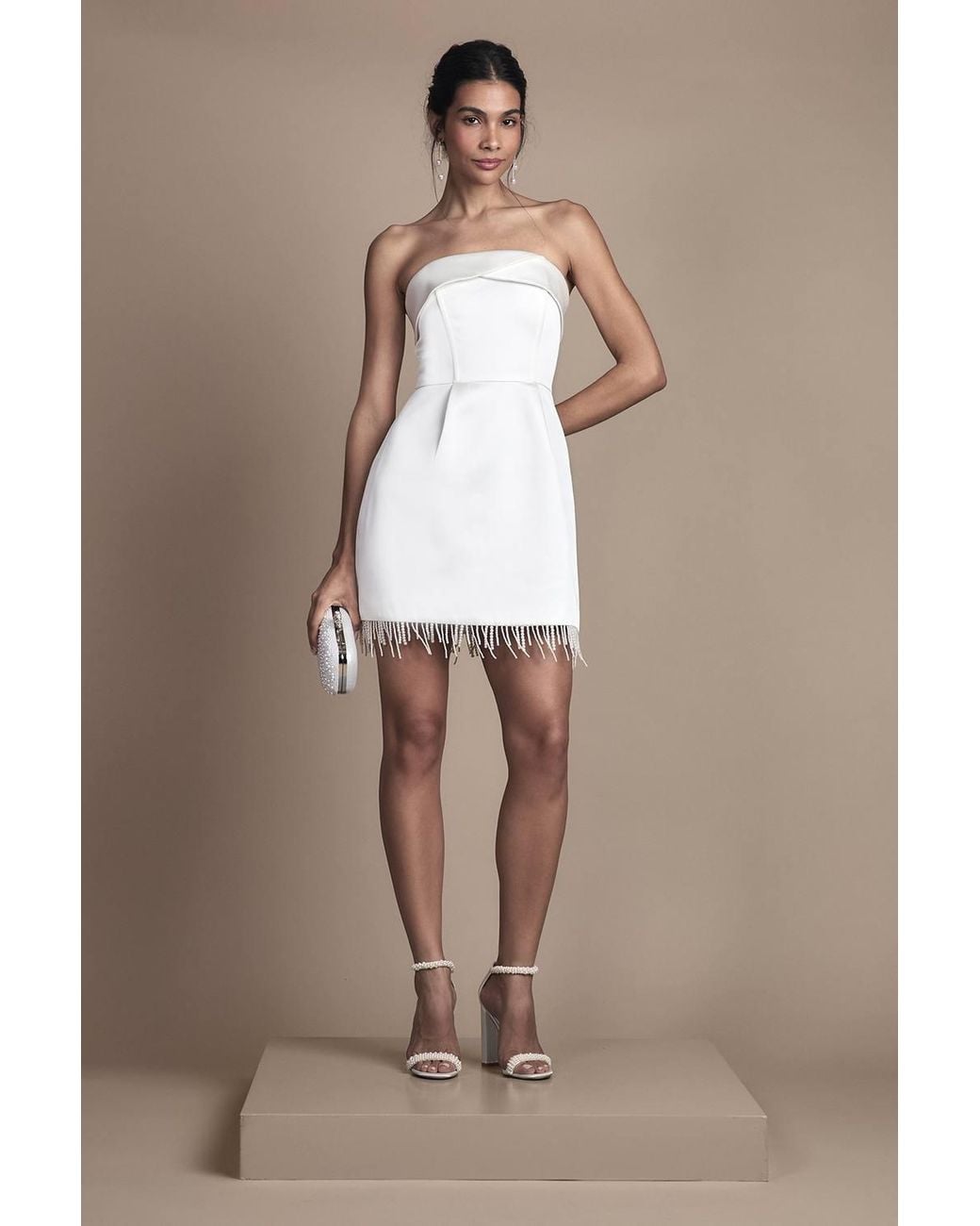 Coast White Strapless Satin Mini Wedding Dress With Hem Pearl Trim