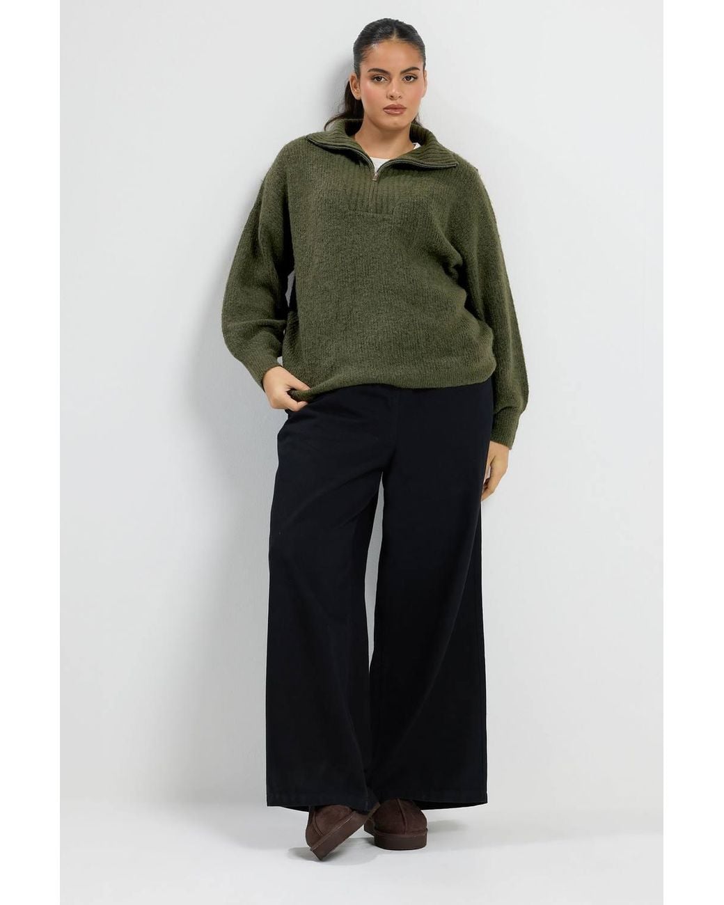 Yours Green Zip Neck Knitted Jumper