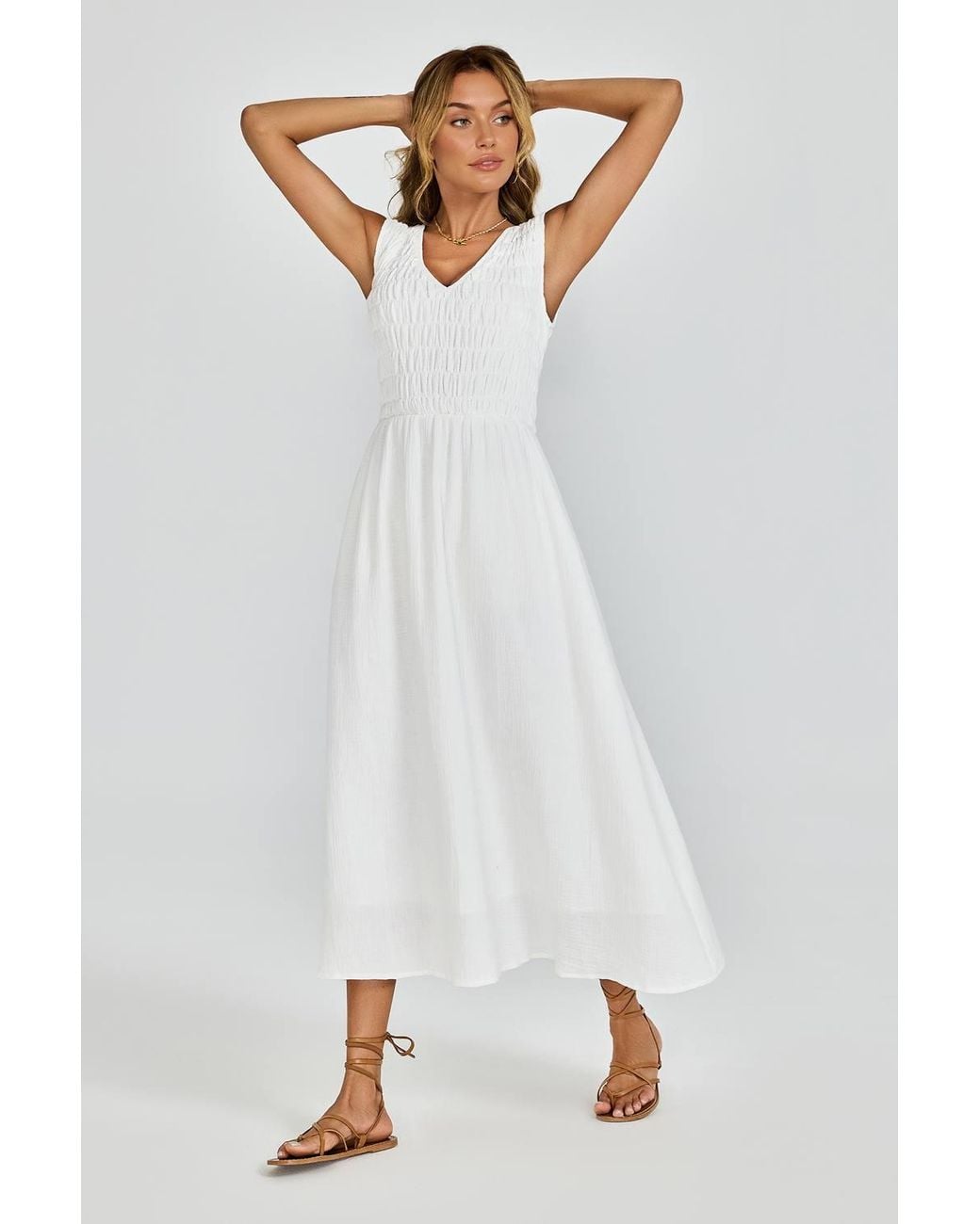 FS Collection White Sleeveless Shirred Bodice Midi Dress