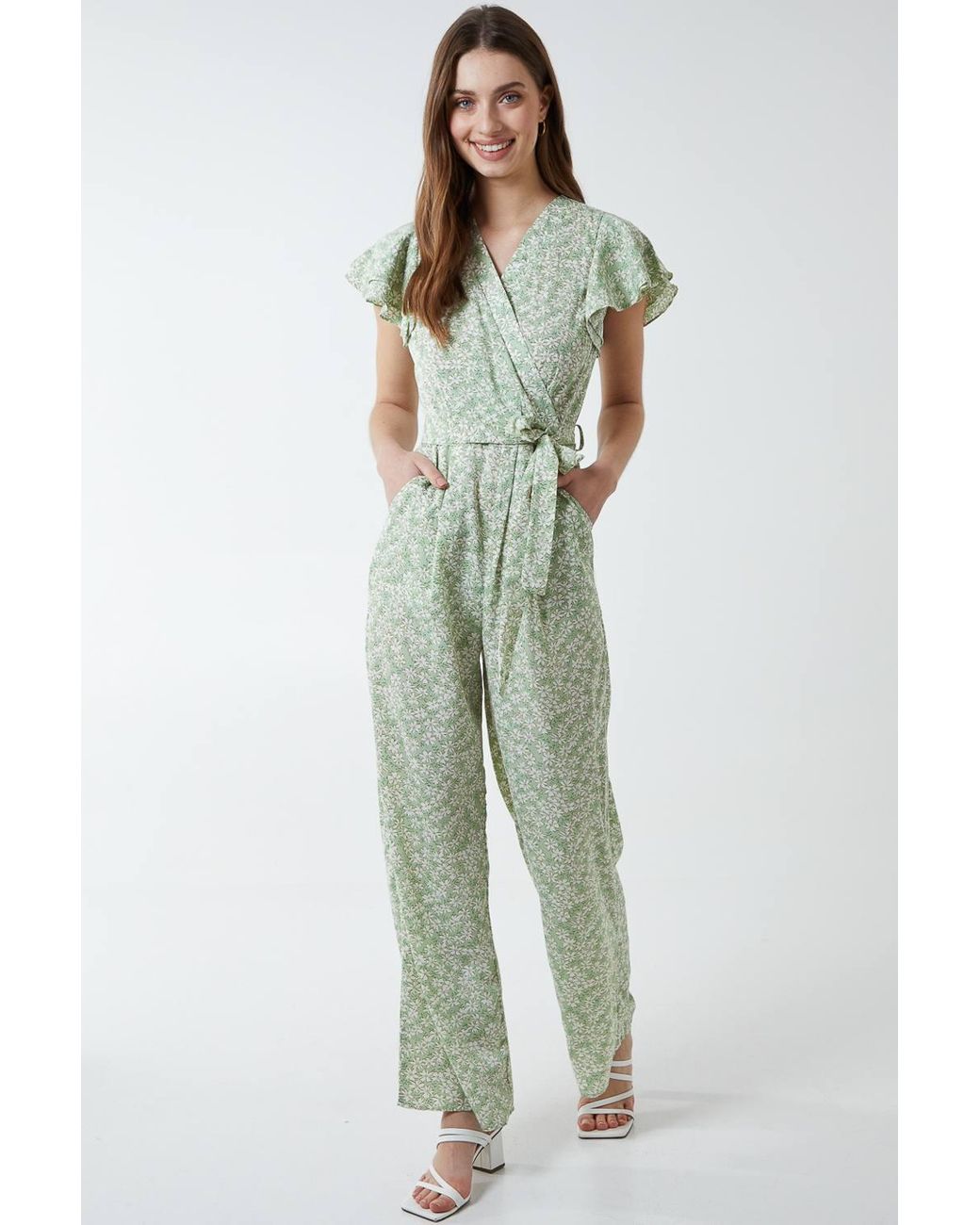 Blue Vanilla Green Wrap Front Frill Sleeve Jumpsuit