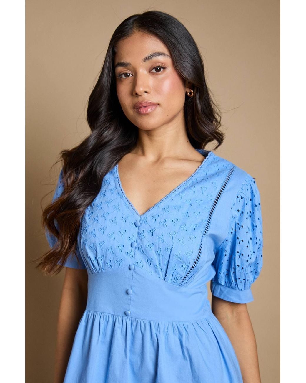 Dorothy Perkins Blue Petite Broderie Lace Trim Puff Sleeve Tiered Poplin Maxi Dress